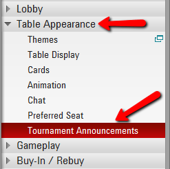 Go to Tournament Announcements Options (PokerStars 7)