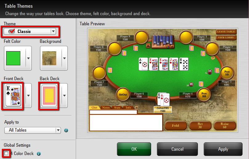 PokerStars Table Themes window